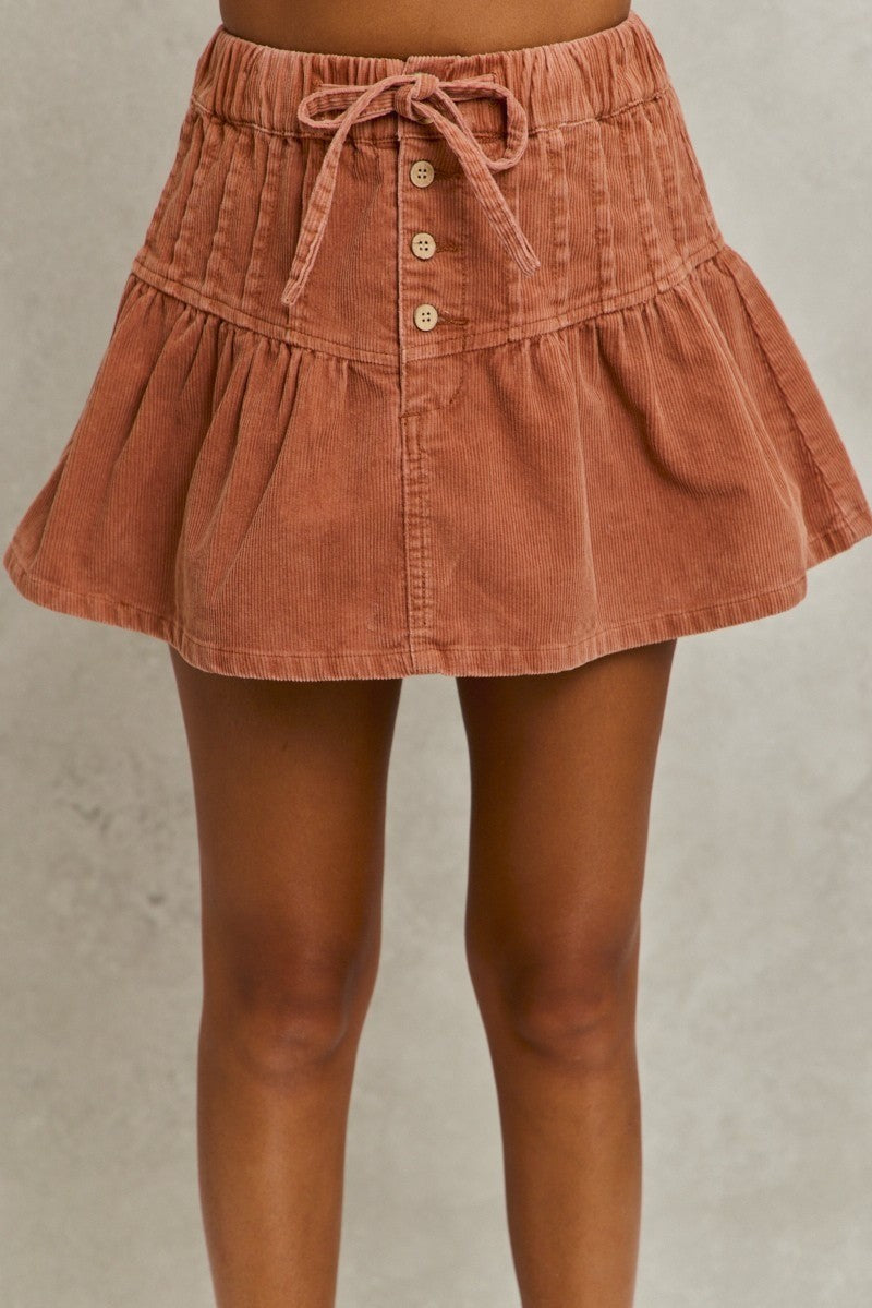 SO ME Mineral Wash Pintucked Corduroy Mini Flared Skirt