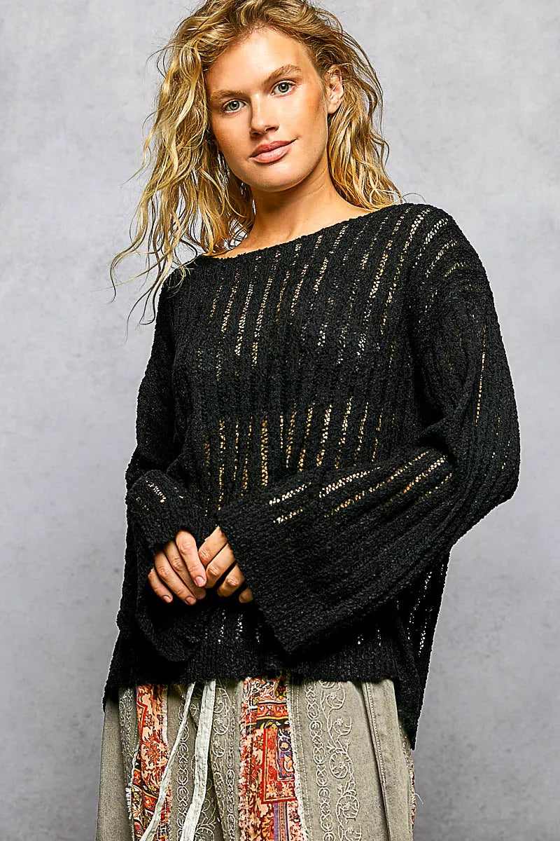 POL Round Neck Long Sleeve Open Weave Sweater