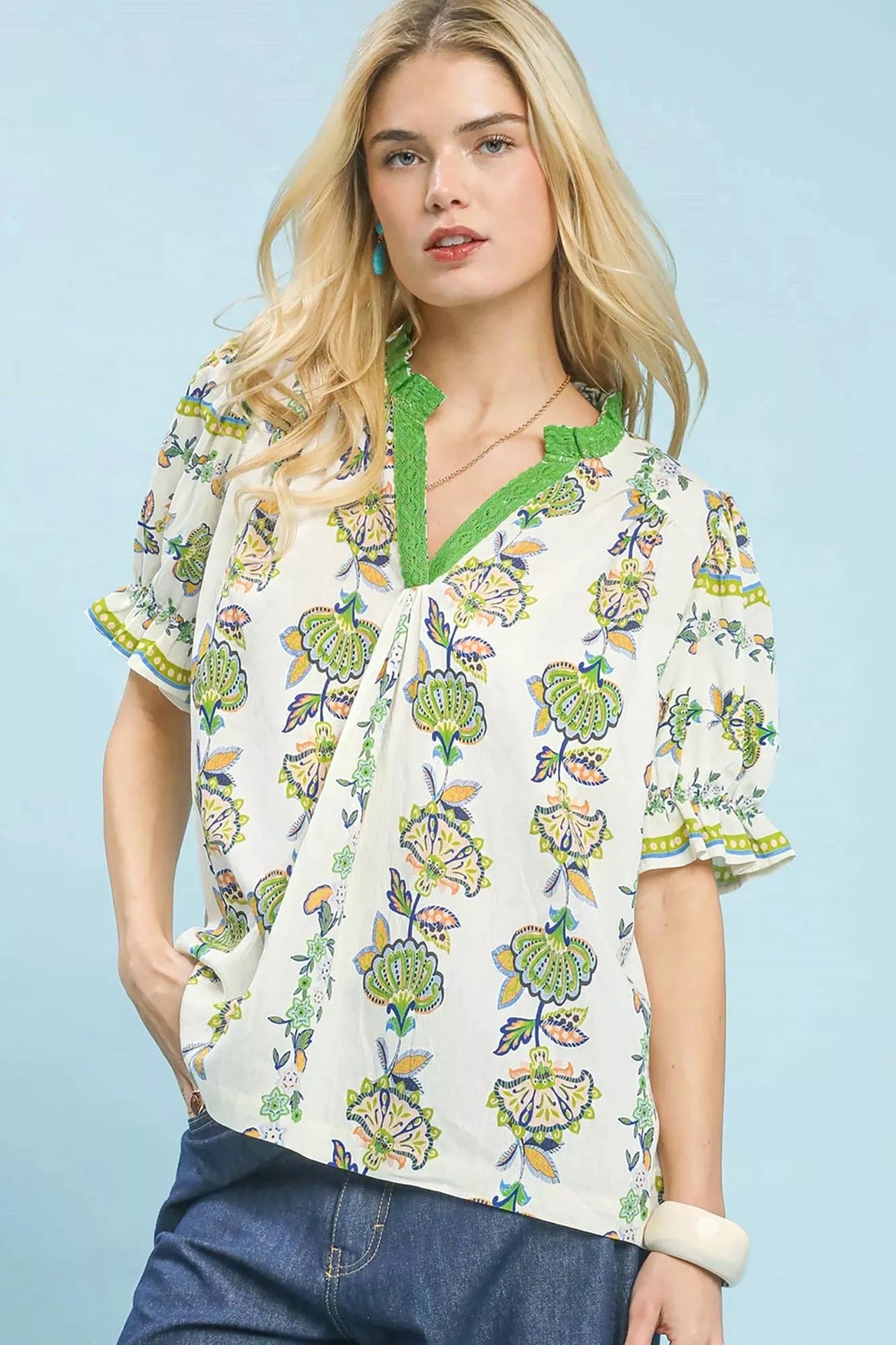 Umgee Abstract Border Print V-Neck Top
