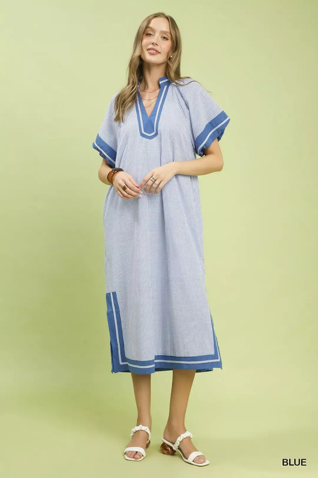 Umgee Pinstripe Contrast Trim Midi Dress