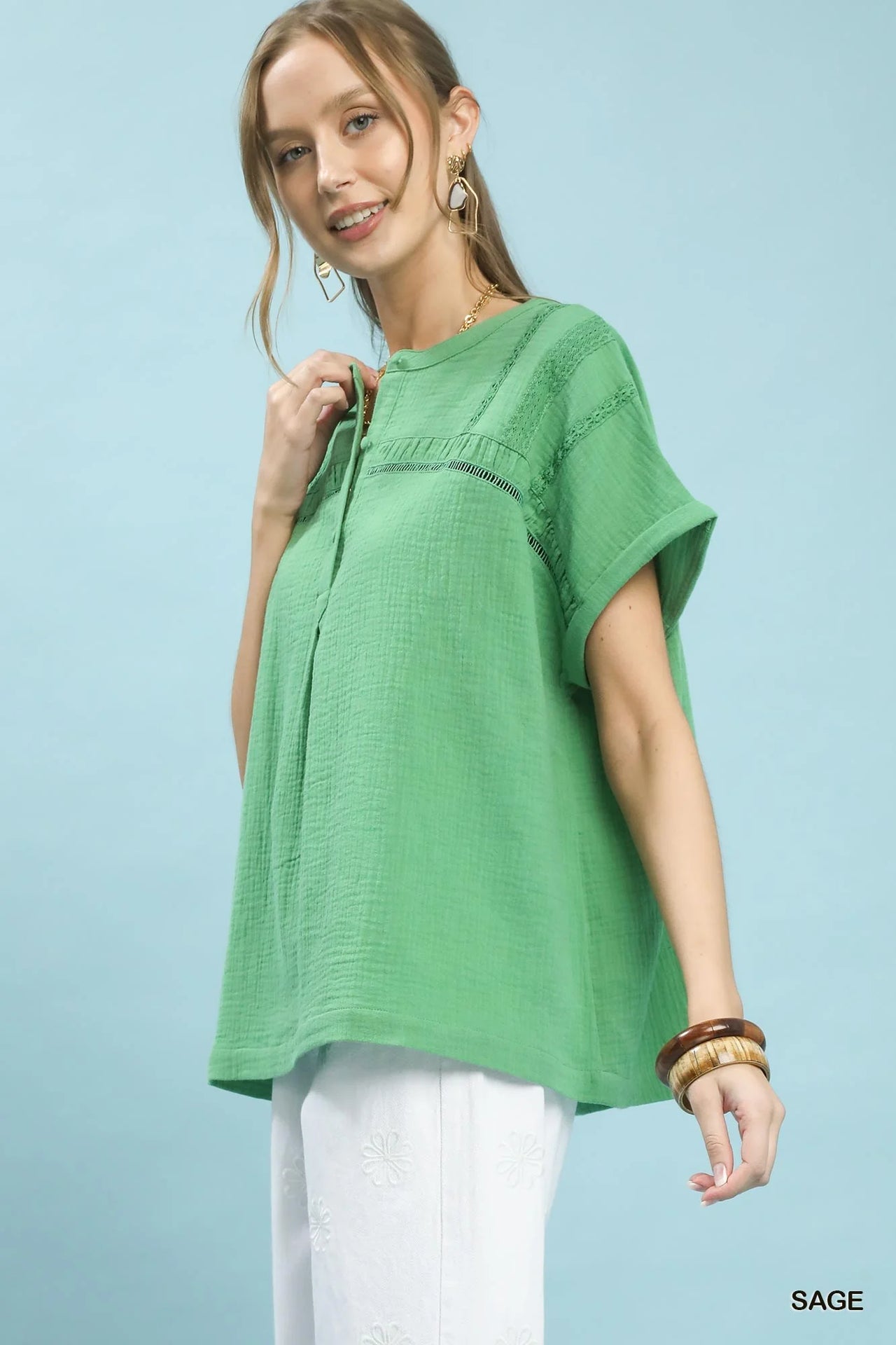 Umgee Textured Gauze Split-Neck Boho Blouse