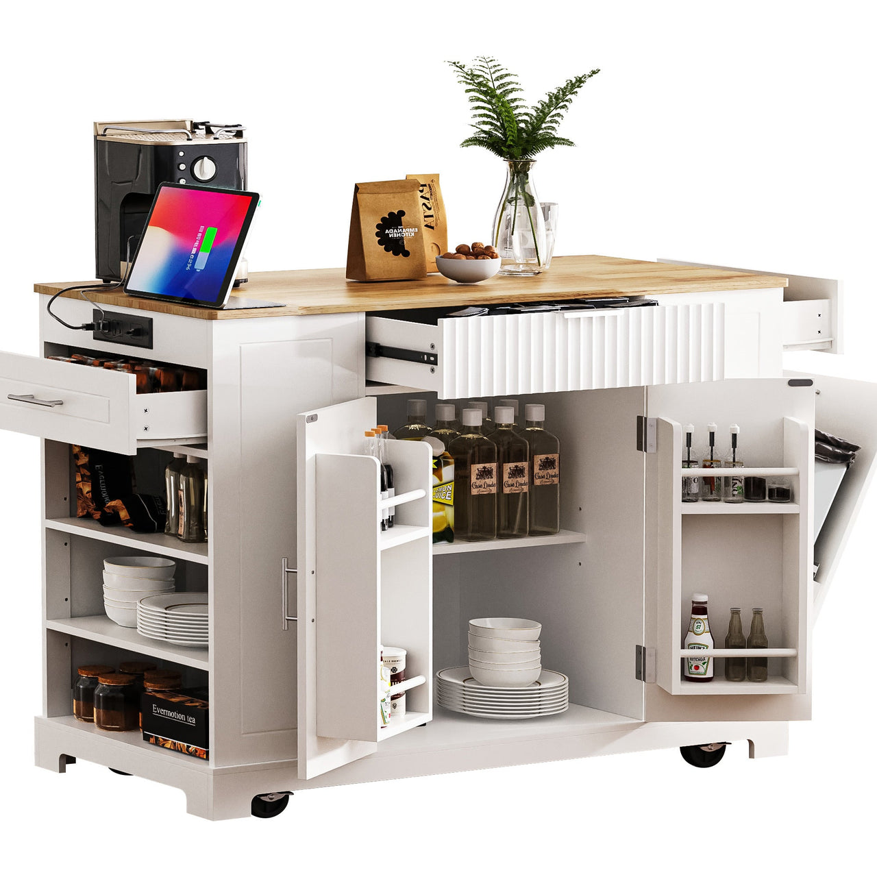 K&K Fluted Kitchen Island with Trash Can Storage Cabinet, Power Outlet, Internal Storage Rack, Rolling Kitchen Islands on 5 Wheels with 3 Drawer, 3 Open Side Racks for 10 Gallon Garbage Bin, White