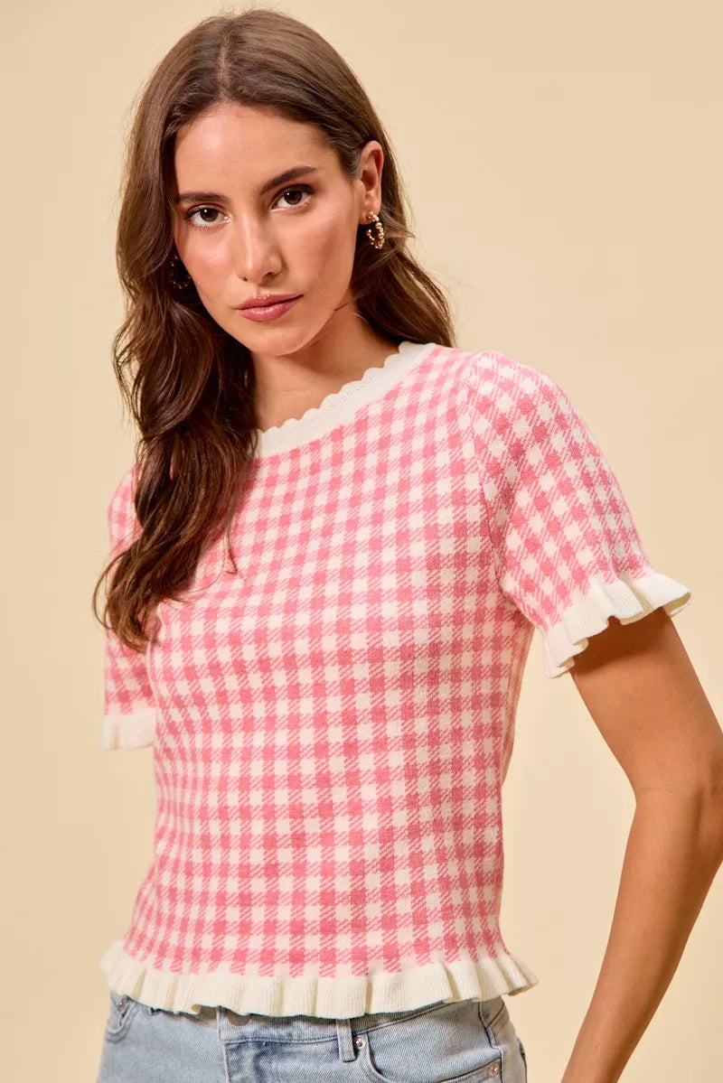 SO ME Gingham Knit Ruffled Short Sleeves Sweater Top