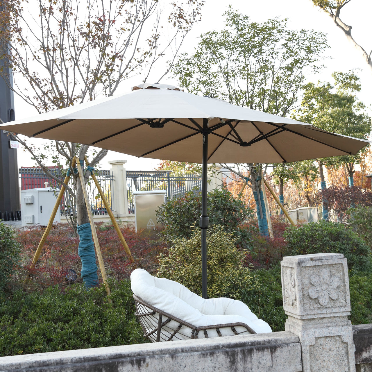 14.8 Ft Double Sided Outdoor Umbrella Rectangular Large with Crank ( khaki )(No Base)