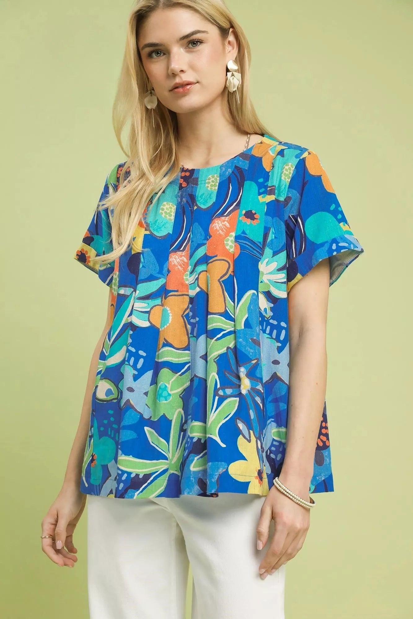 Umgee Abstract Floral Pleated Blouse