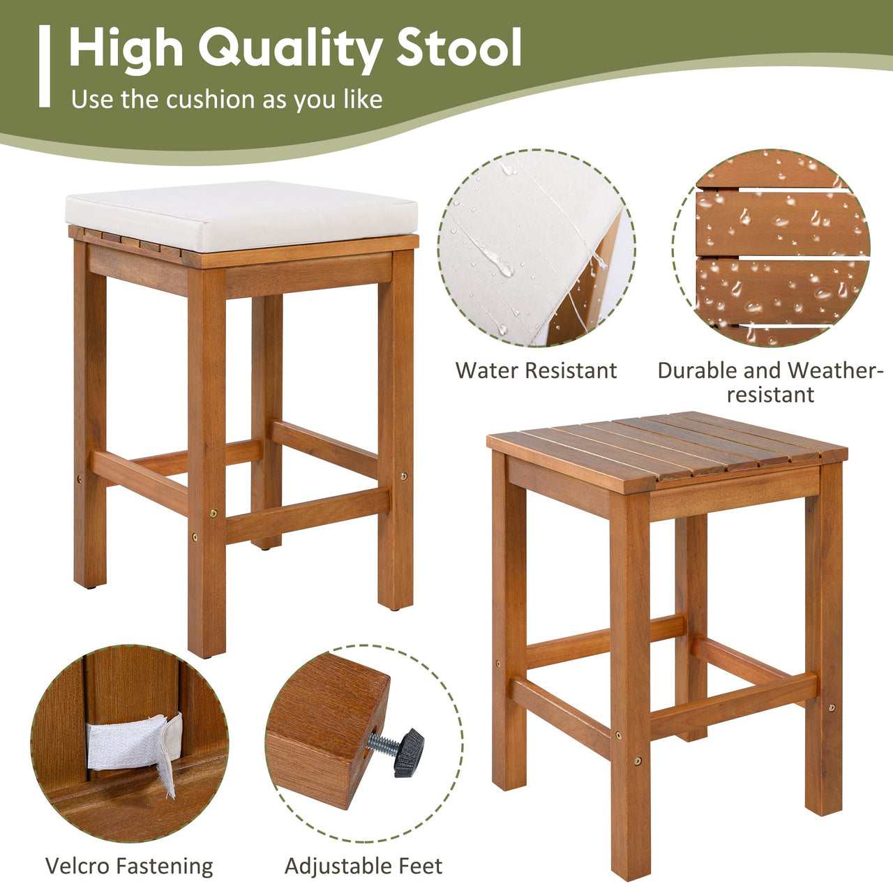 5 Piece Outdoor Bar Set, Patio Acacia Wood Bar Height Table & Four Stools with Cushions, Wood Dining Bar Set for Backyard, Poolside, Balcony, Beige Cushion and Natural Wood