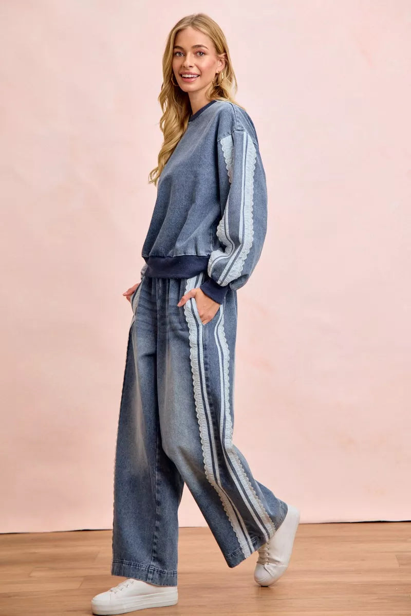 BiBi Washed Denim Lace Contrast Sided Sweatshirt