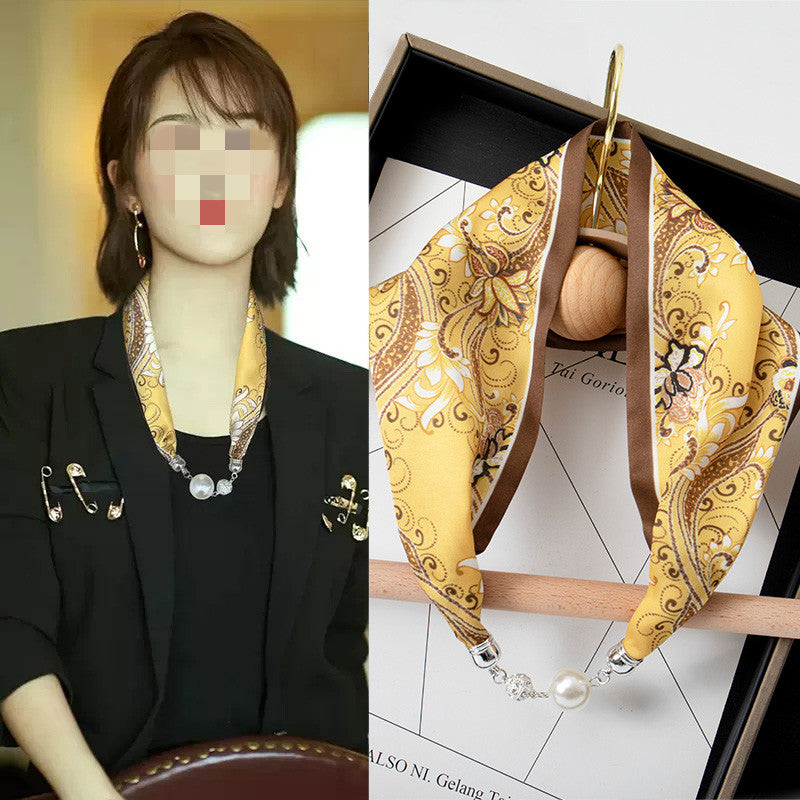 Magnetic Buckle Silk Women Scarf Pearl Necklace (See size chart where applicable)
