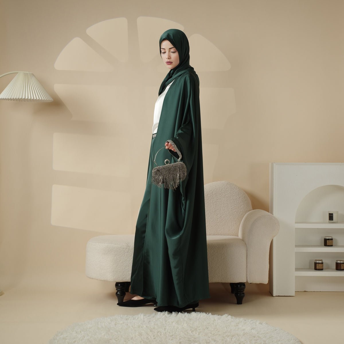 Abaya With Satin Shirt And Rhinestone Trousers | 4-Piece Set Abaya (MOA060)
