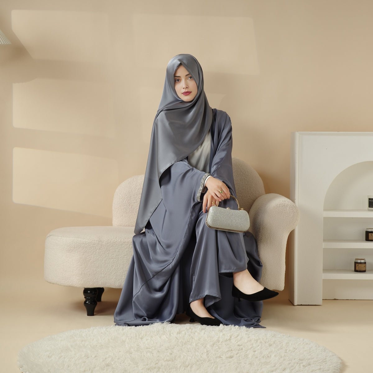Abaya With Satin Shirt And Rhinestone Trousers | 4-Piece Set Abaya (MOA060)
