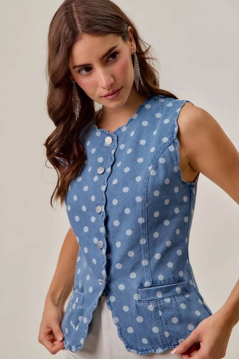 SO ME Polka Dot Denim Scallop Edge Button Down Vest Top