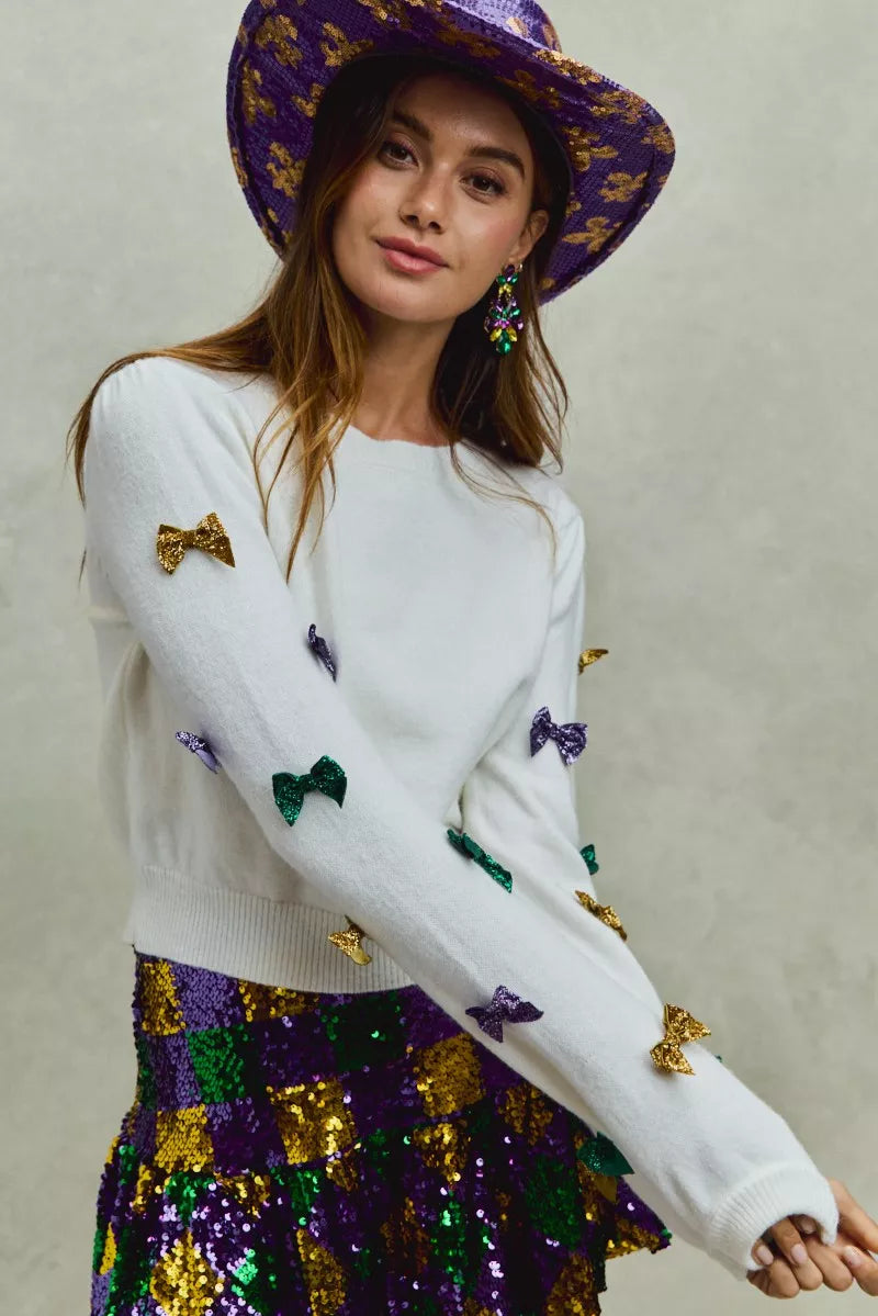 SO ME Mardi Gras Glitter Bow Ribbon Sweater Knit Top