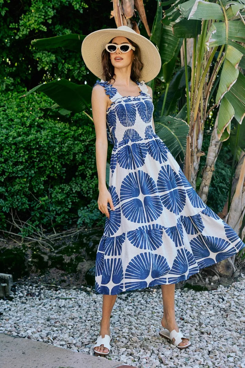 SO ME Abstract Print Smocked Bodice Tiered Lined Midi Dress