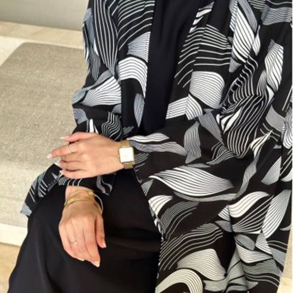 Abstract Wave Print Kimono Abaya | Oversized Open-Front Cardigan Abaya (MOA265)