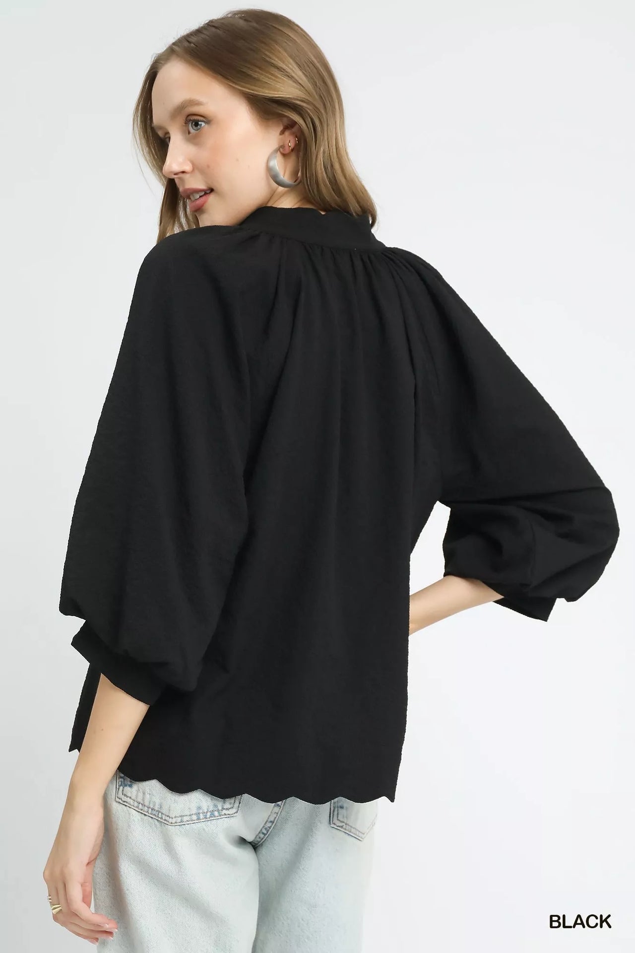 Umgee Full Size Textured Notched Balloon Sleeve Blouse Plus Size
