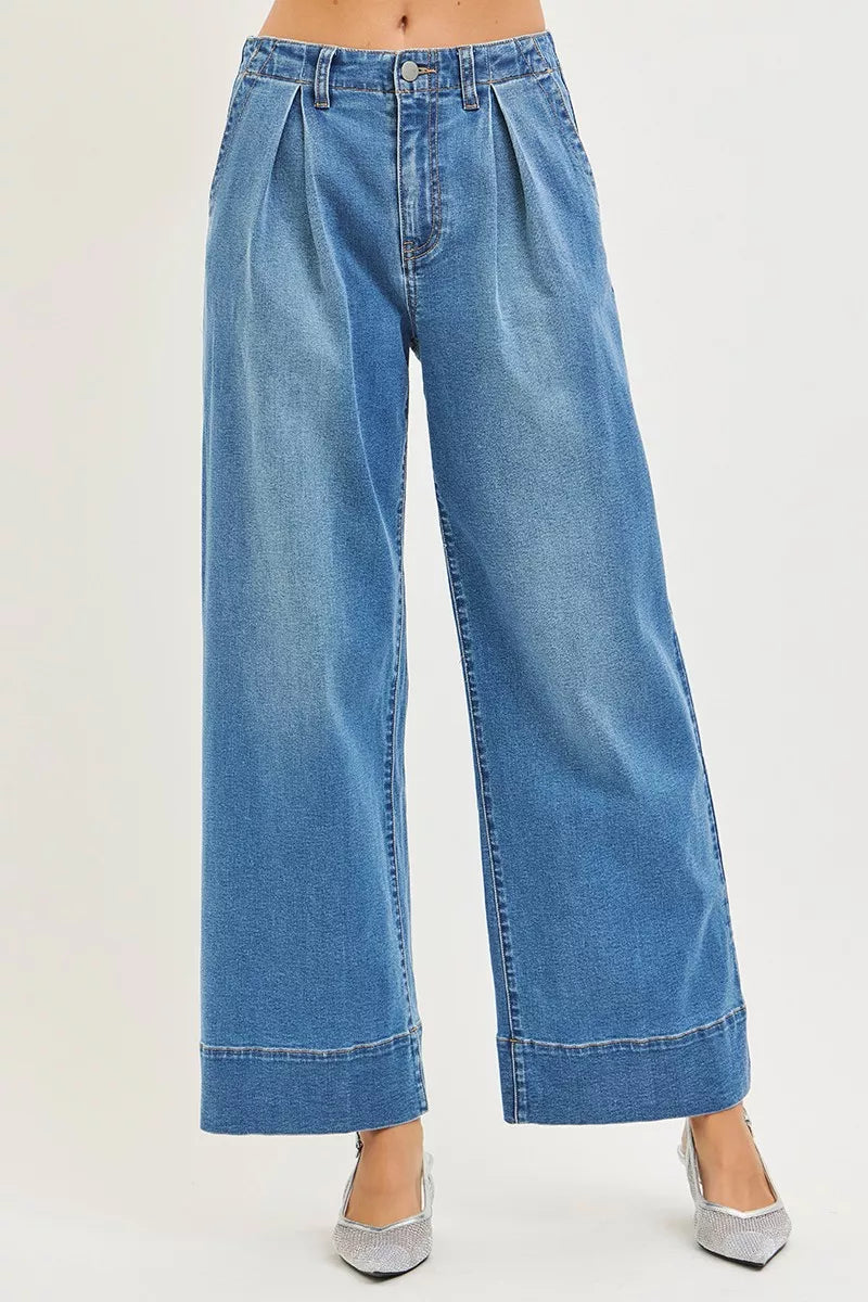 RISEN Slouchy Wide Leg Jeans With Pleats