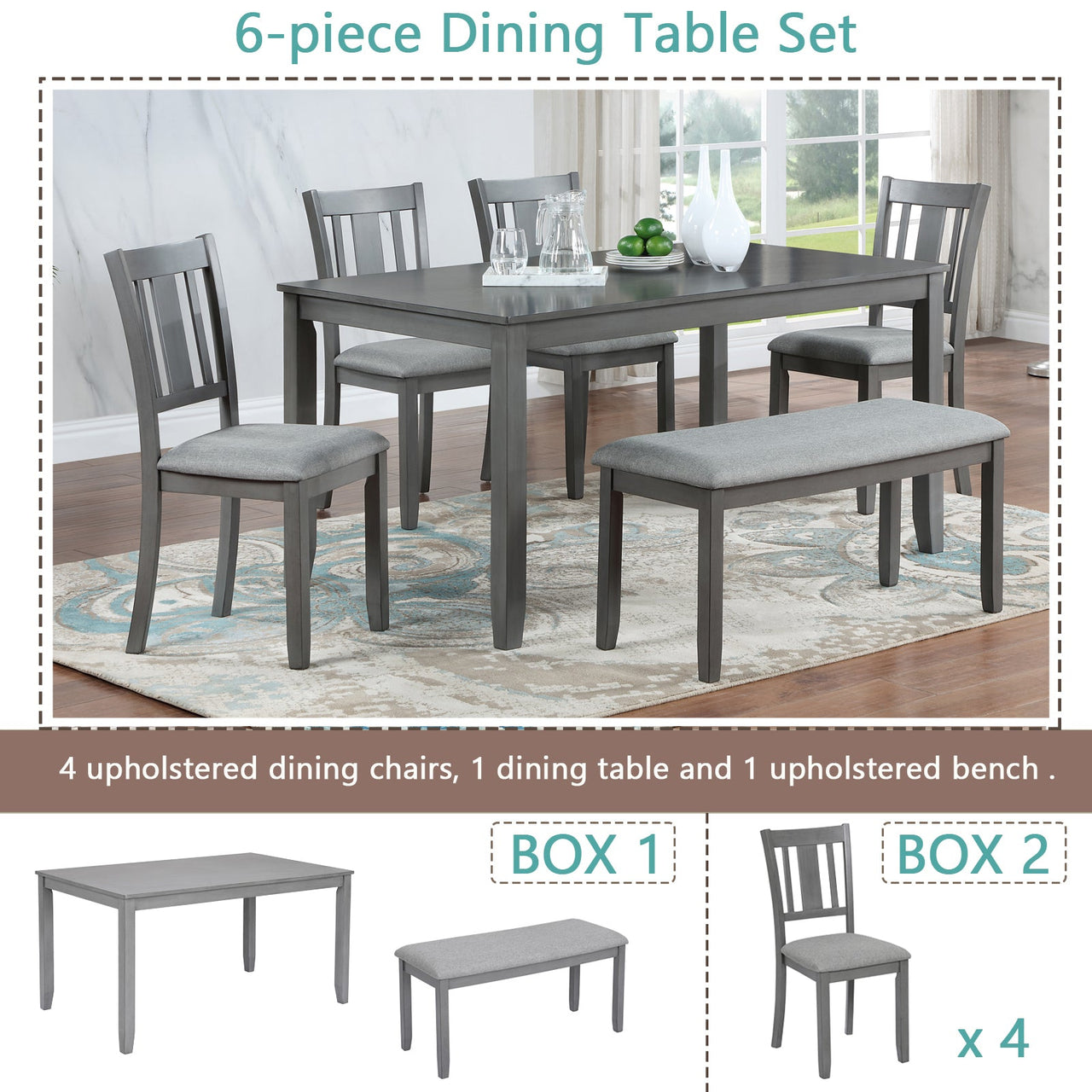 6PCs Kitchen Dining Set, Rectangular Wooden Dining Table with 4 Upholstered Chairs and a Bench, Dining Table Set for 6 People, Living Room, Home Bar and Kitchen, Gray