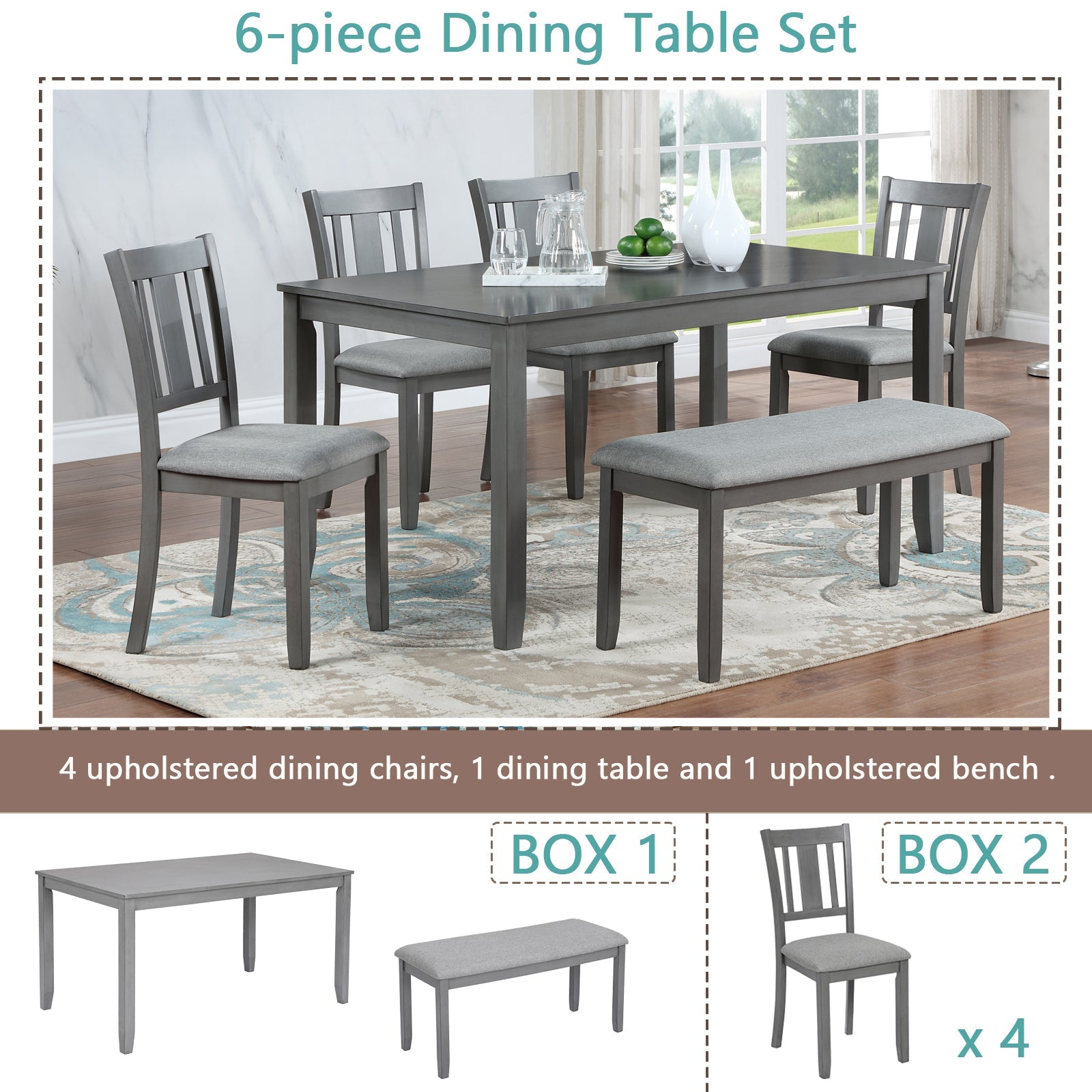 6PCs Kitchen Dining Set, Rectangular Wooden Dining Table with 4 Upholstered Chairs and a Bench, Dining Table Set for 6 People, Living Room, Home Bar and Kitchen, Gray