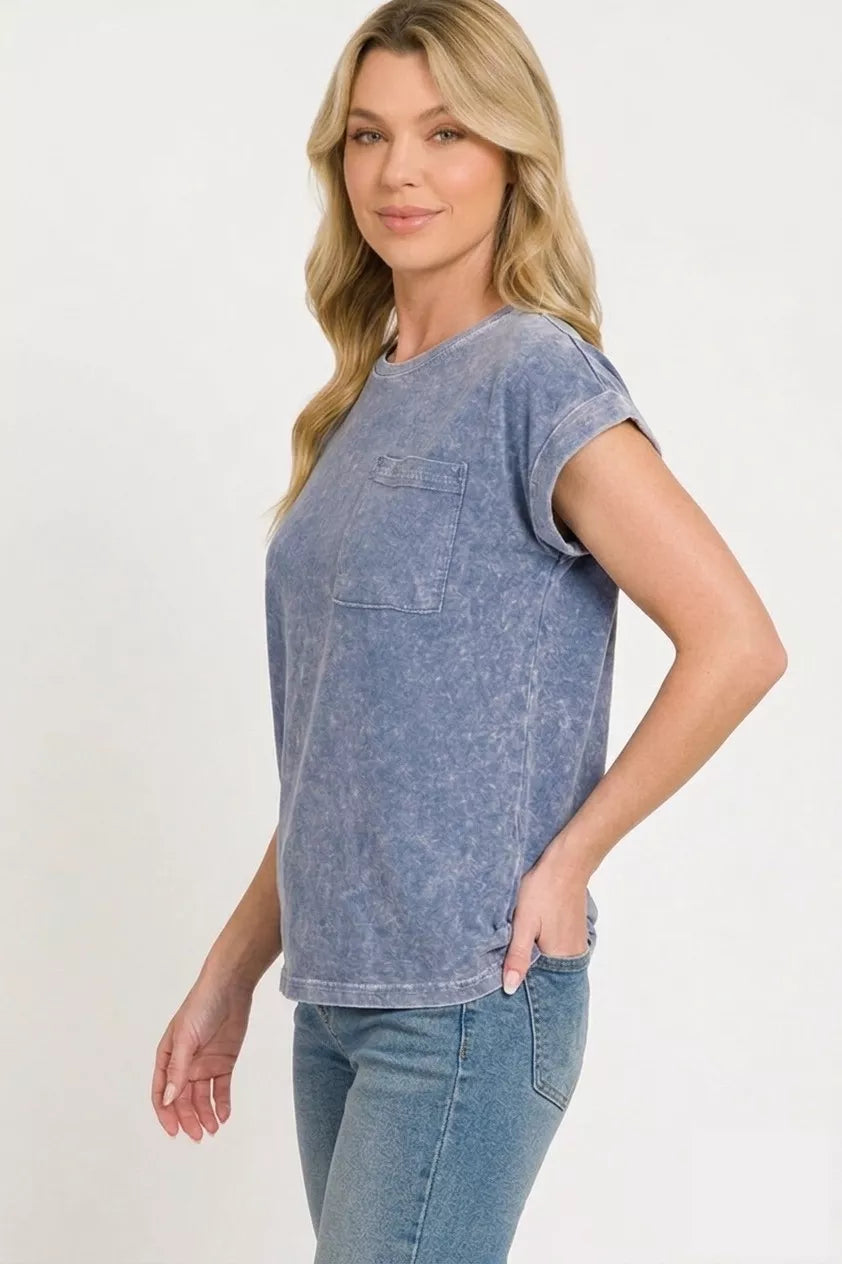 Zenana Halo Snow Washed Cuffed Short Sleeve Tee