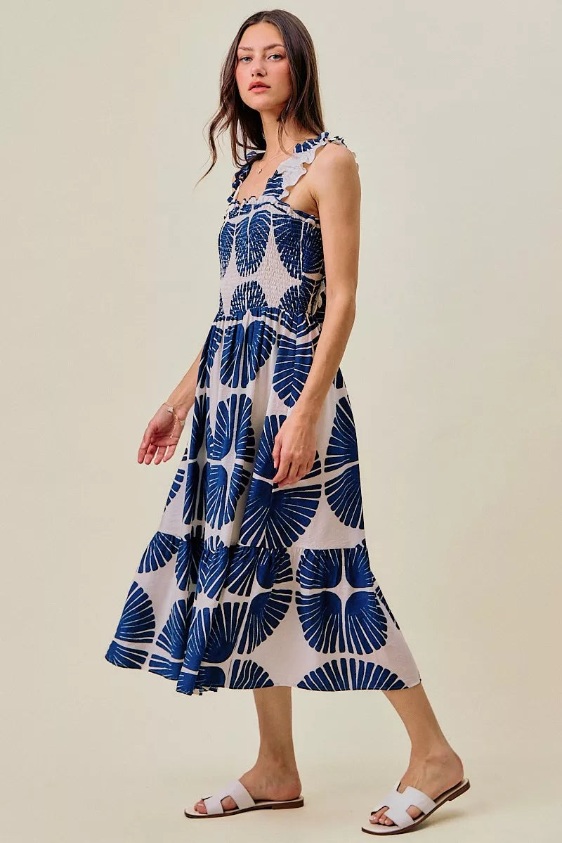 SO ME Abstract Print Smocked Bodice Tiered Lined Midi Dress