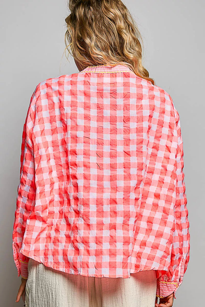 POL Gingham Embroidered Palm Tree Blouse