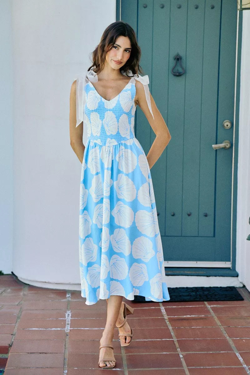 SO ME Shell Smocked Bodice Shoulder Tie Lined Midi Dress