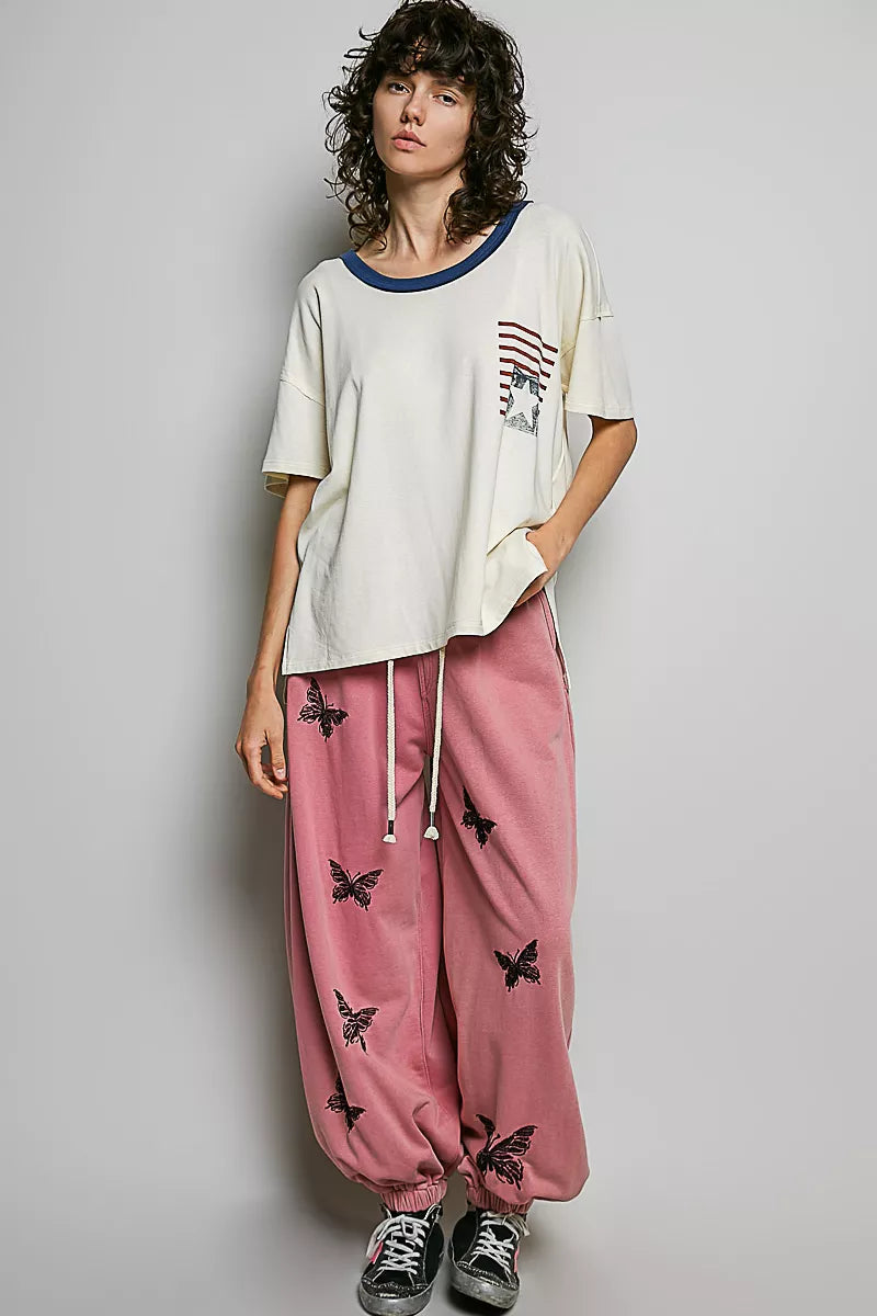 POL American Flag Color Block Side Slit Cotton Top
