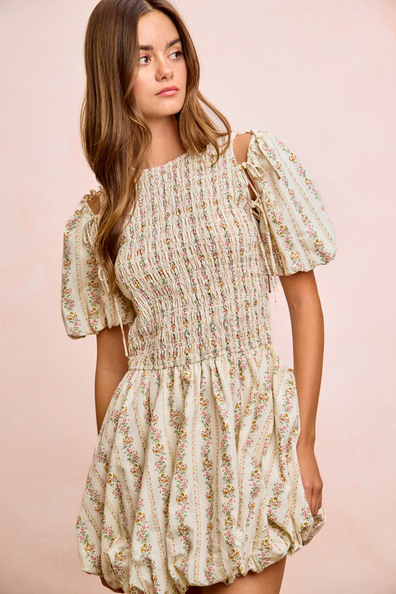 BiBi Floral Bow Tie Attachable Puff Sleeves Dress