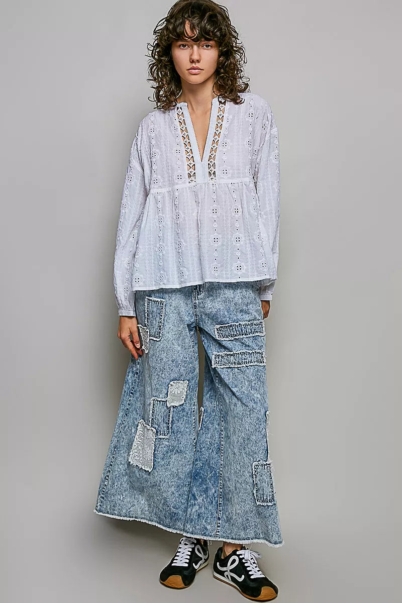 POL Lace Eyelet Long Sleeve Cotton Blouse