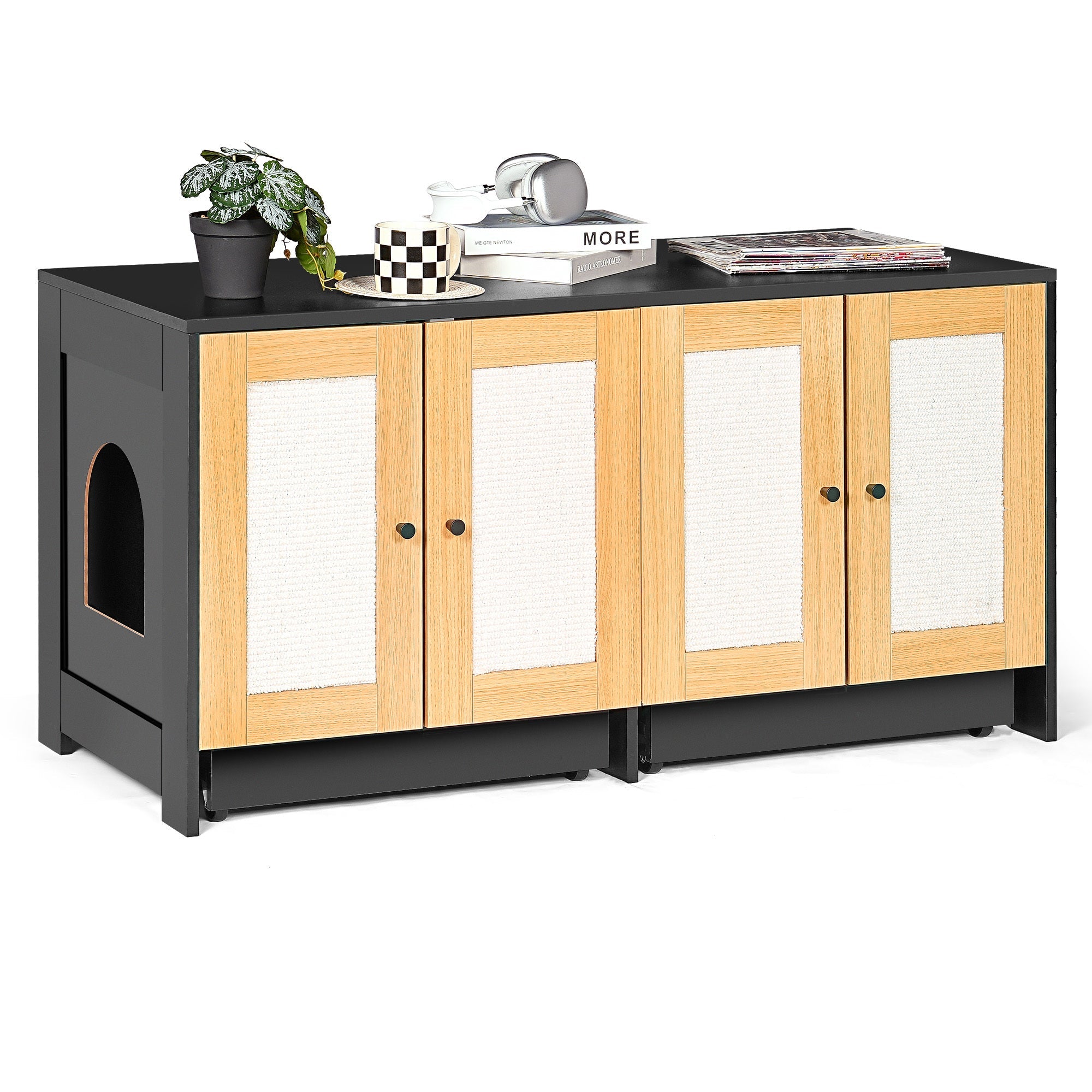 Modern Black Double Litter Box Enclosure with Rattan Doors for Two Cats, 47' L x 19.8' W x 21.8' H