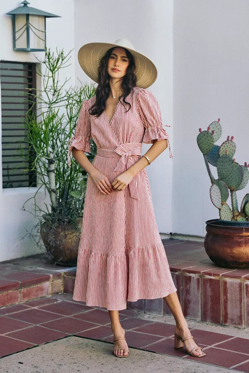 SO ME Stripe Textured Short Sleeves Lined Wrap Midi Dres