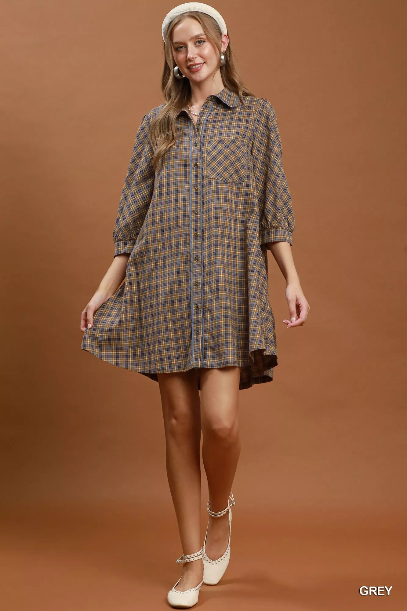 Umgee Plaid Button Down Oversized Shirt Dress