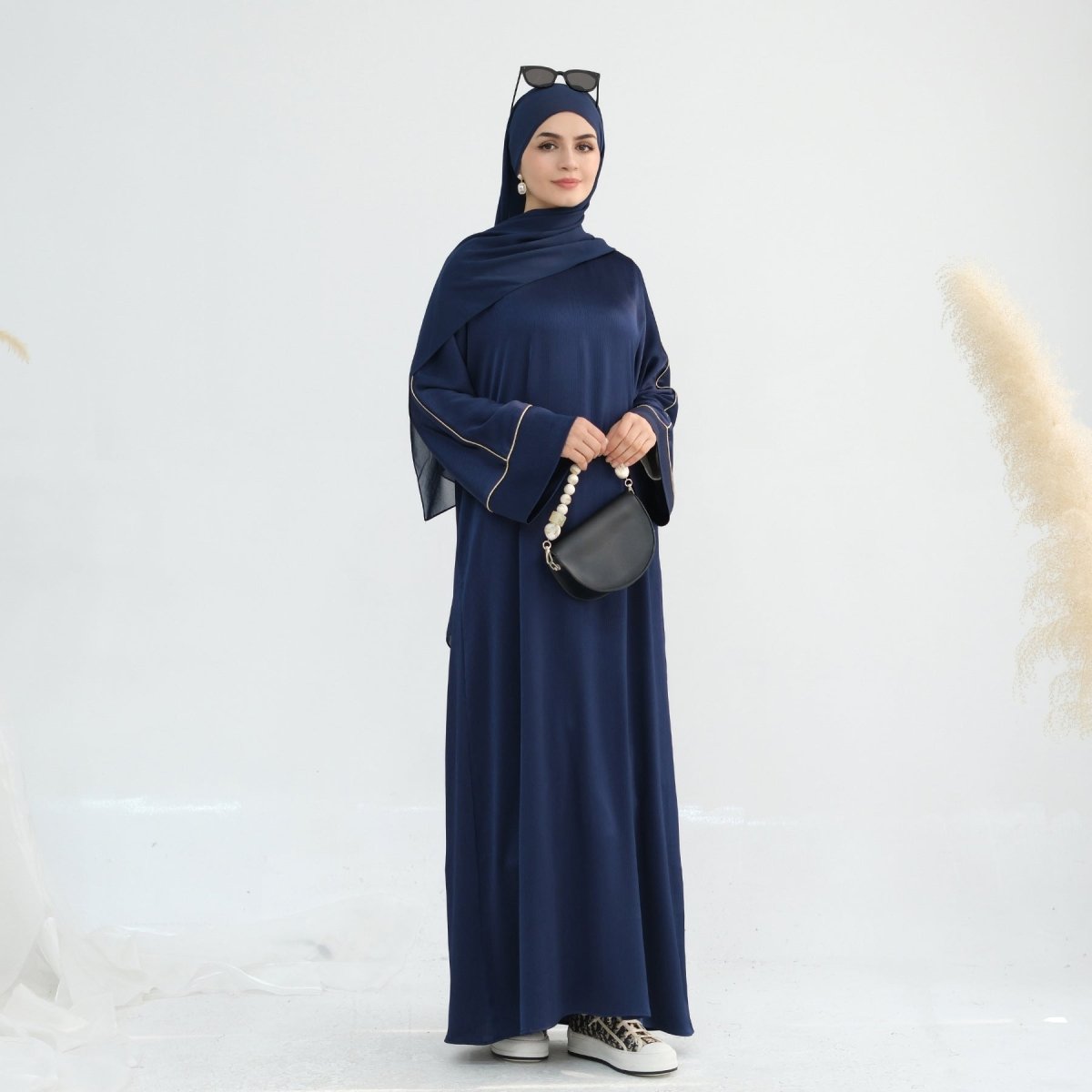 Acetate Crinkle Solid Color Round Neck Abaya Set(MA307)