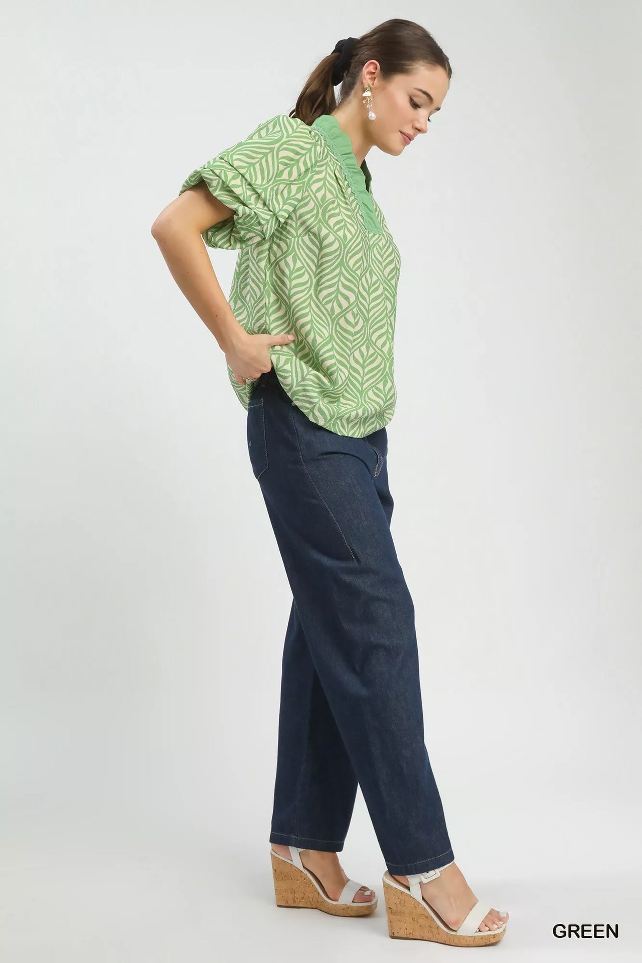 Umgee Printed Puff Sleeve Ruffle Neck Top