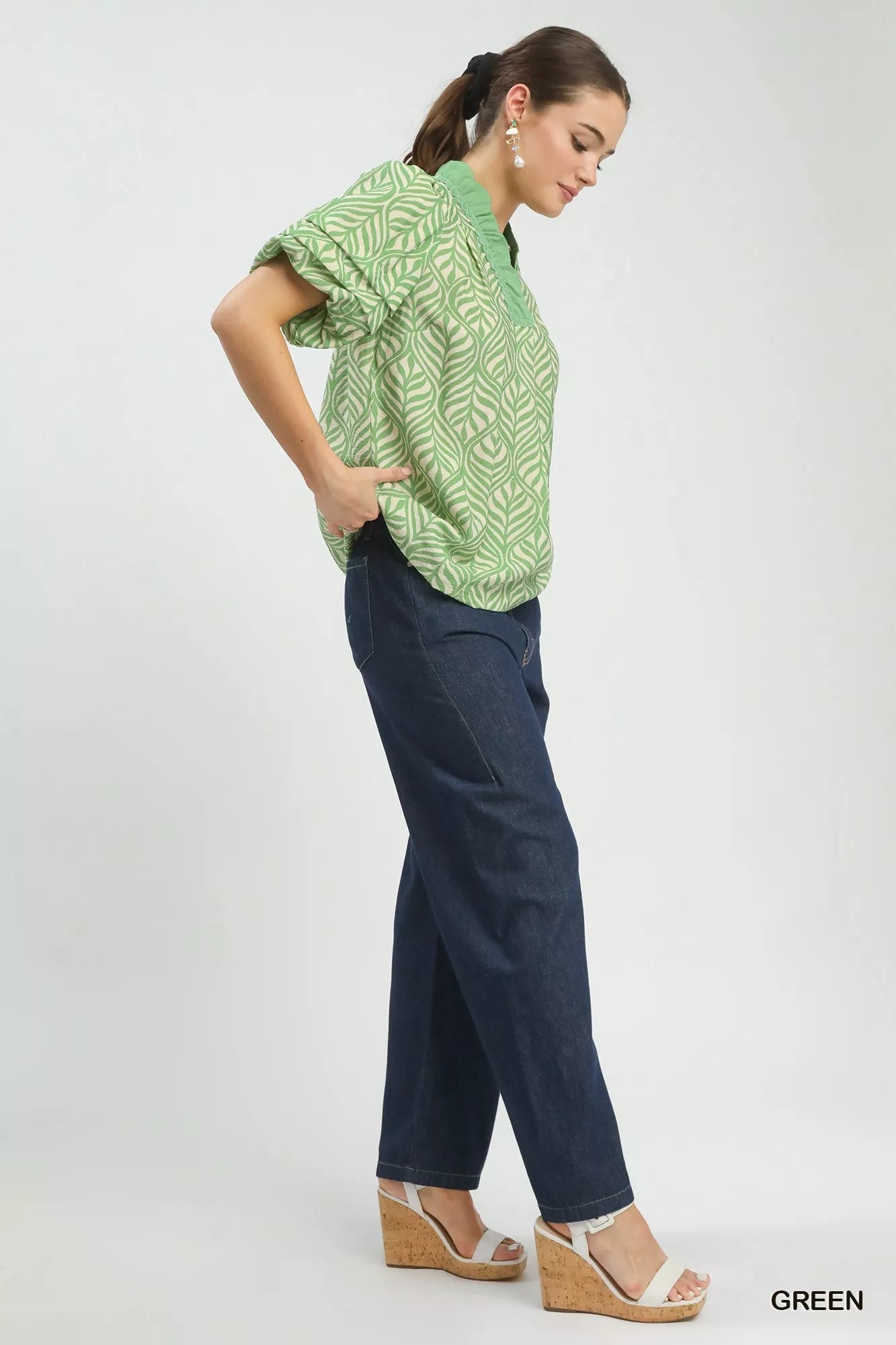 Umgee Printed Puff Sleeve Ruffle Neck Top