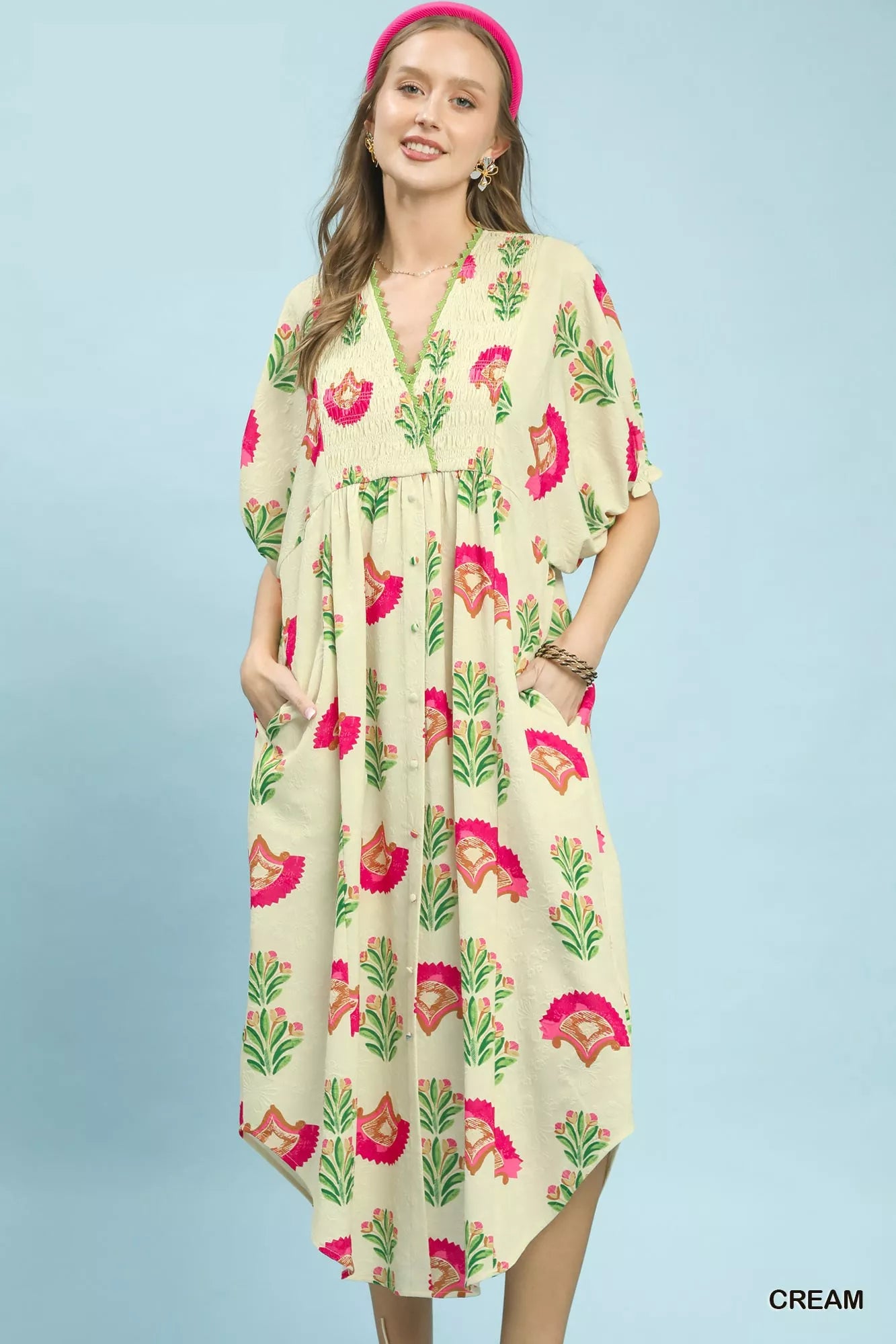 Umgee Abstract Print V-Neck Midi Dress