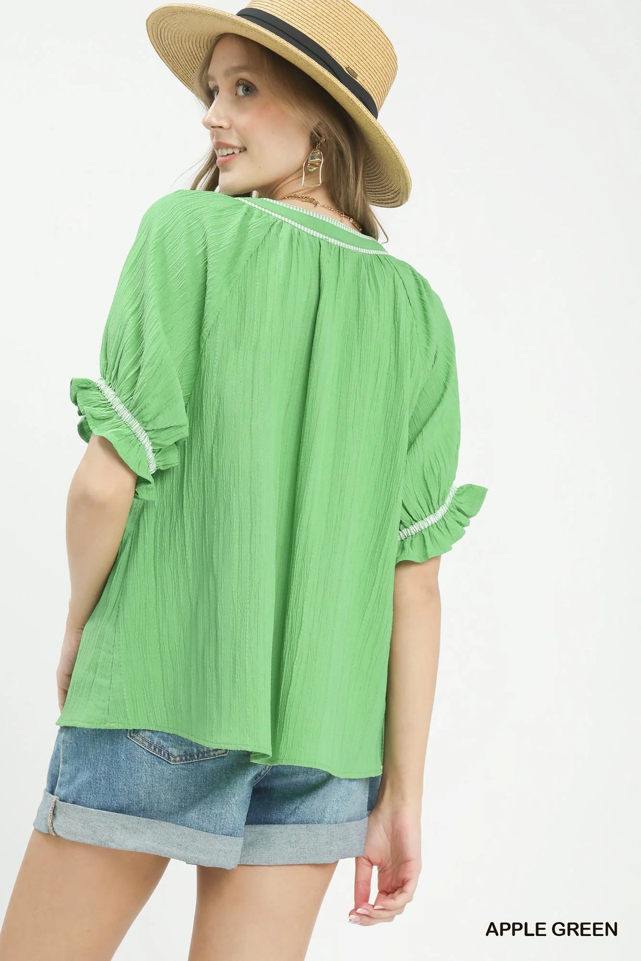 Umgee Textured Split Neck Puff Sleeve Top