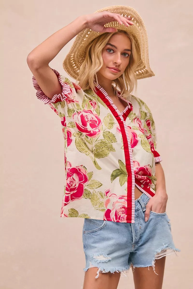 BiBi Floral Printed Woven Contrast Edge Ruffled Blouse