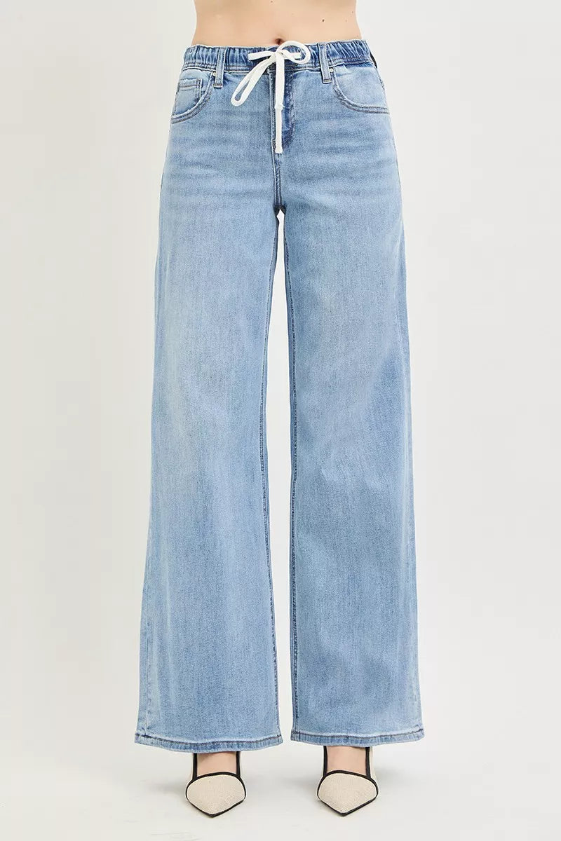 RISEN Elastic Band Slouchy Wide Jeans with Drawstring