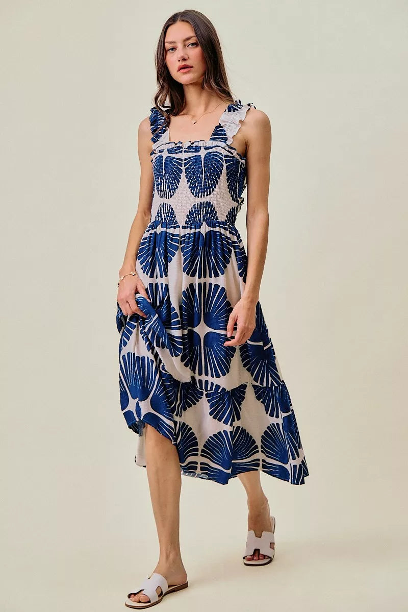 SO ME Abstract Print Smocked Bodice Tiered Lined Midi Dress