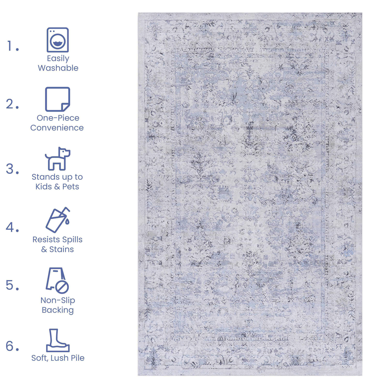 NAAR MAVAL Blue Washable Rug 5x8 Area Rug (Blue+Cream, 5' x 8')