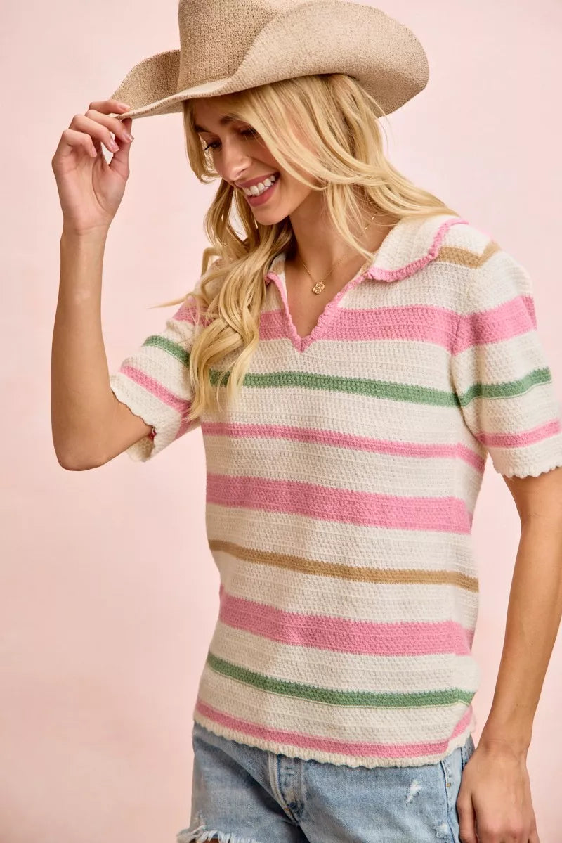 BiBi Multi Colors Stripes Collared Knit Top