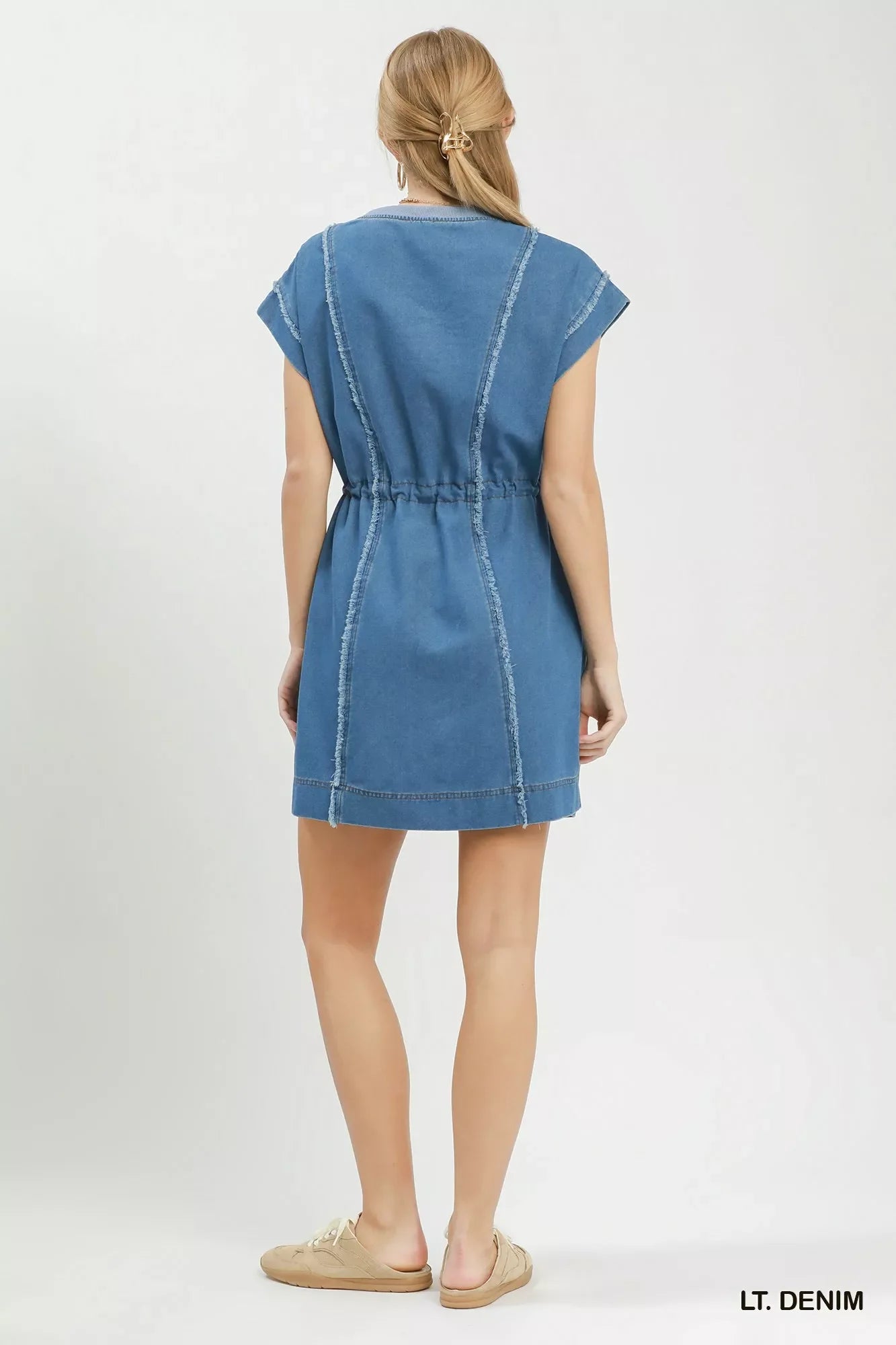 Umgee Drawstring Waist Frayed Denim Mini Dress