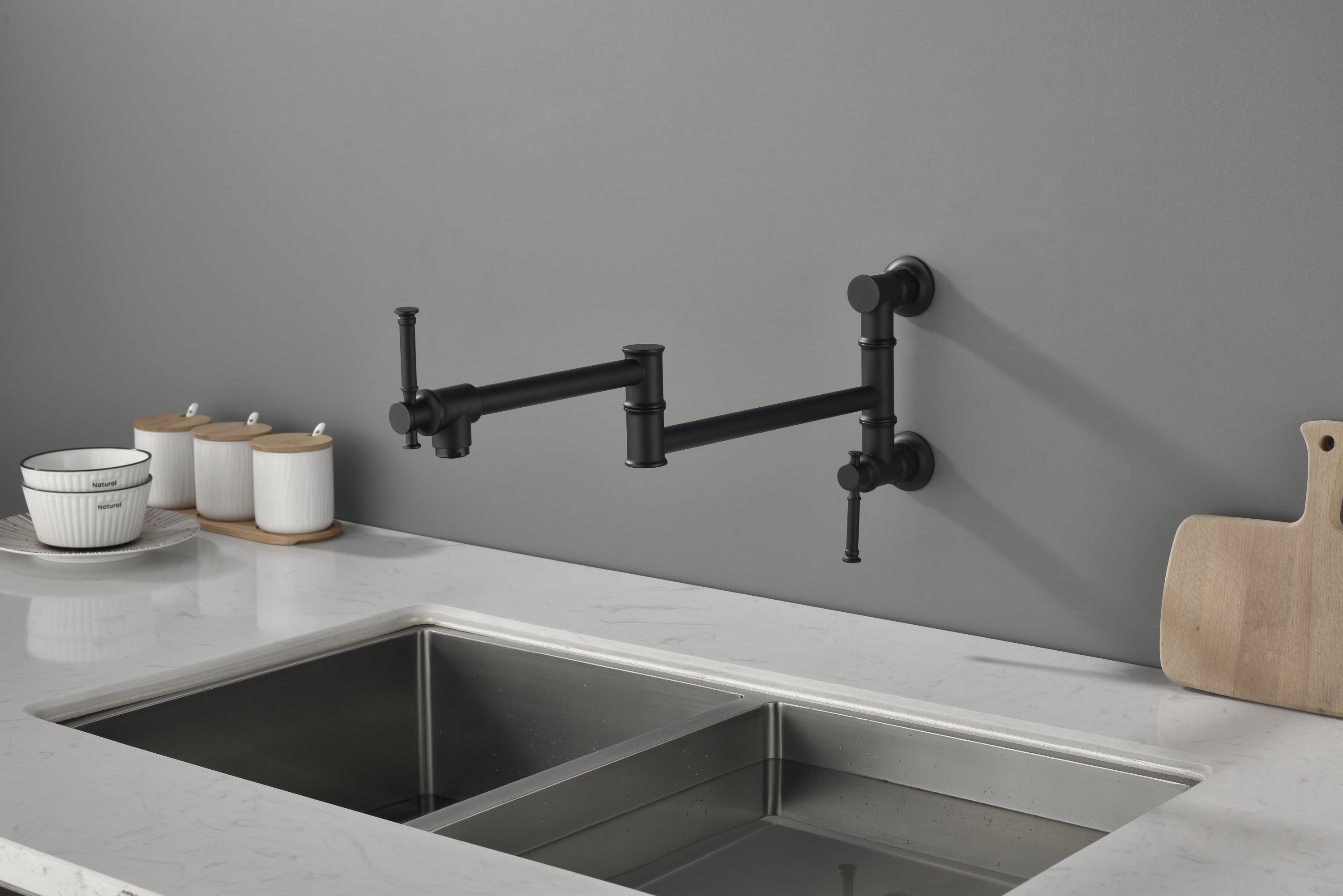 Wall mounted Pot Filler Faucet, Modern Brass Pot Filler Two-Attachment Wall Mount Folding Kitchen Pot Filler Swing Arm