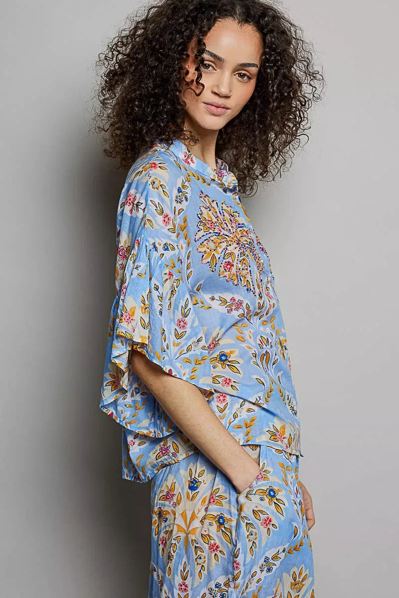 POL Floral Printed Woven Ruffle Sleeve Shirt