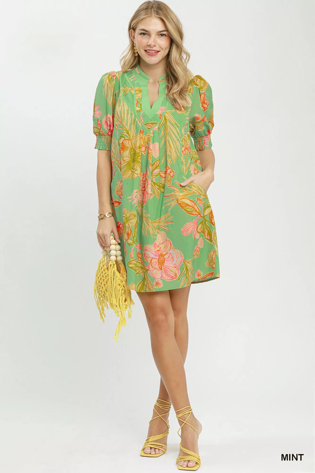Umgee Botanical Print Dress with Smocked Cuffs