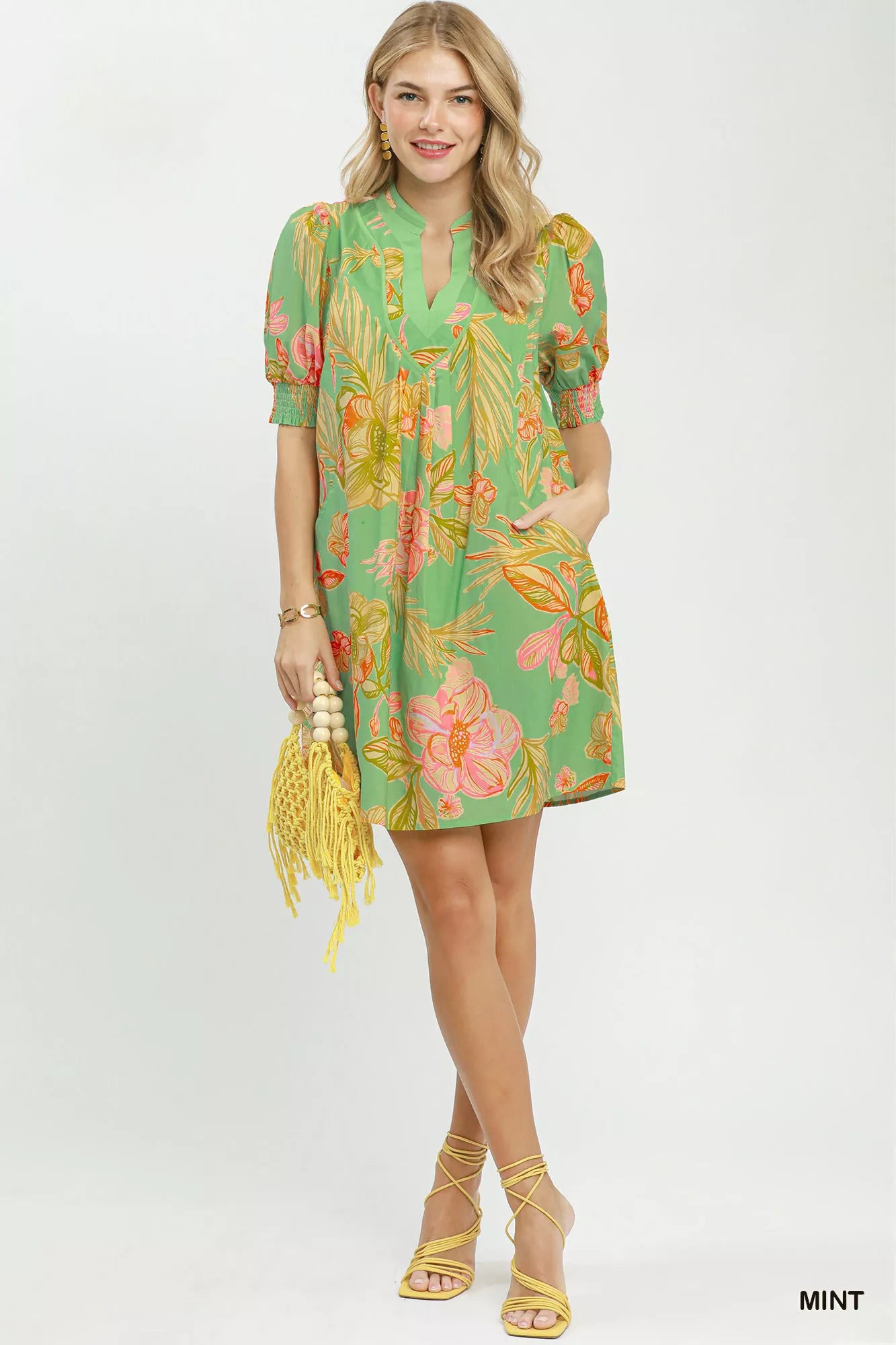 Umgee Botanical Print Dress with Smocked Cuffs