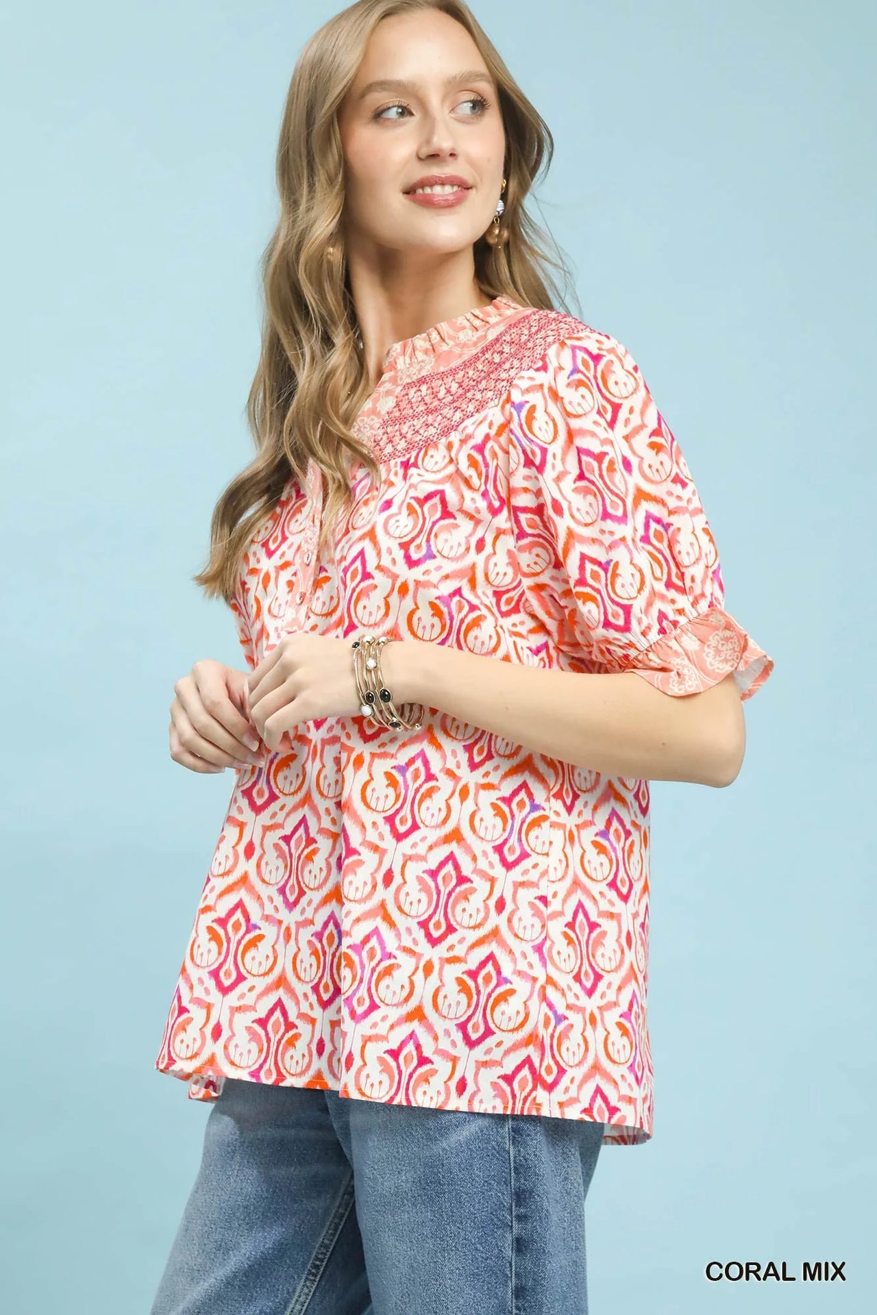 Umgee Mix Boho Puff Sleeve Smocked Top