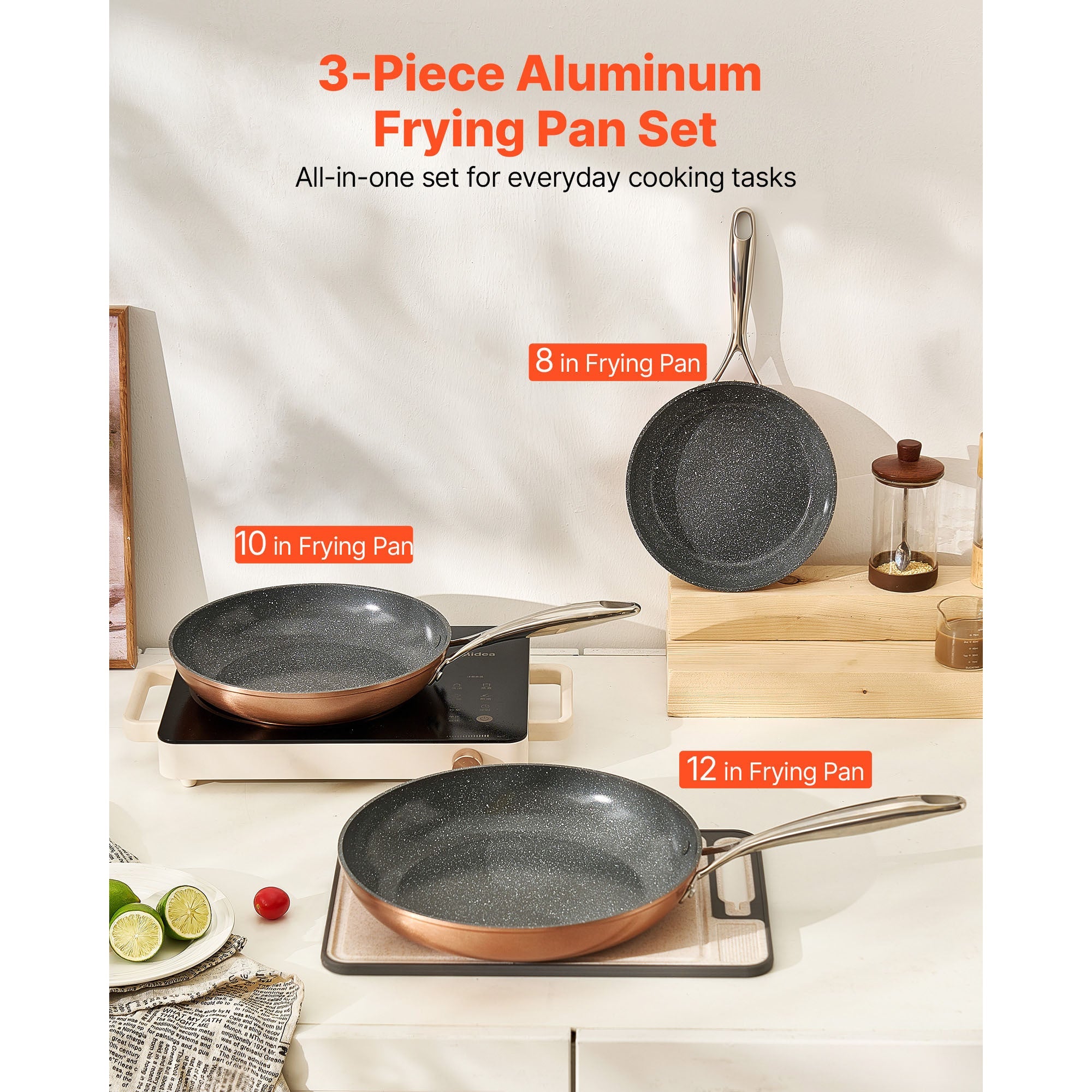 3 Piece Frying Pan Aluminum Skillet Set 8 10 12 in Handle Pre-Seasoned Grey