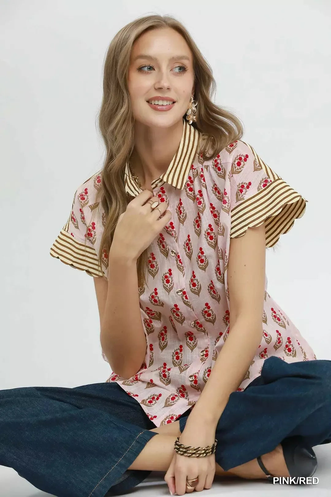 Umgee Block Print Button-Front Shirt with Contrast Stripe Point Collar